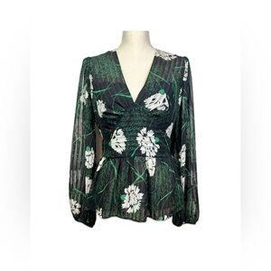 BCBGMaxAzria Floral Peplum Blouse Women’s Size Medium Black, White and Green